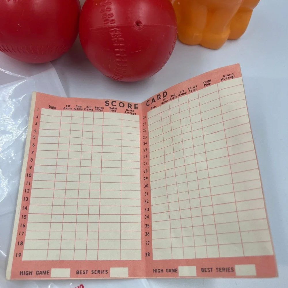 Vintage Hong Kong Tabletop Bowling Game 6 Cat Pins 2 Balls Pin Setter Score Card